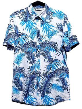 Men's Projek Raw Blue Palm Print Short-Sleeve Button-Up Shirt Tropical Design Si